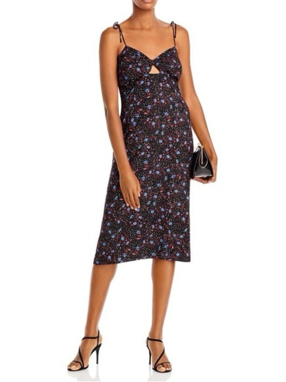 Aqua Black Floral Tie-Shoulder Midi Dress with Pink & Blue Accents